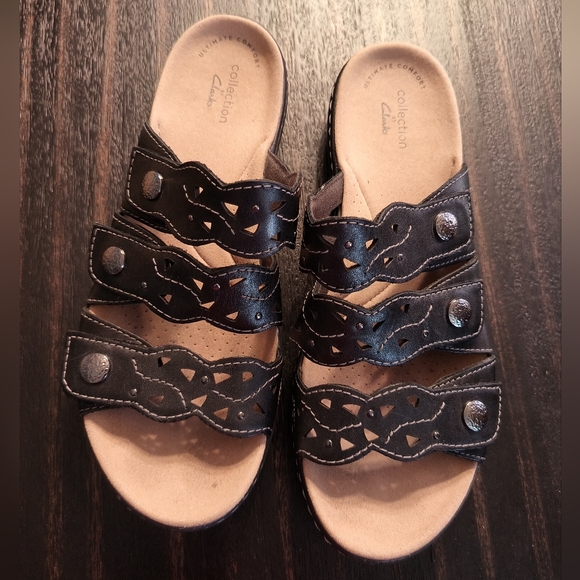 Clark's Collection Leather Cut out Velcro Strap Sandals Black Size 8M - Picture 3 of 16